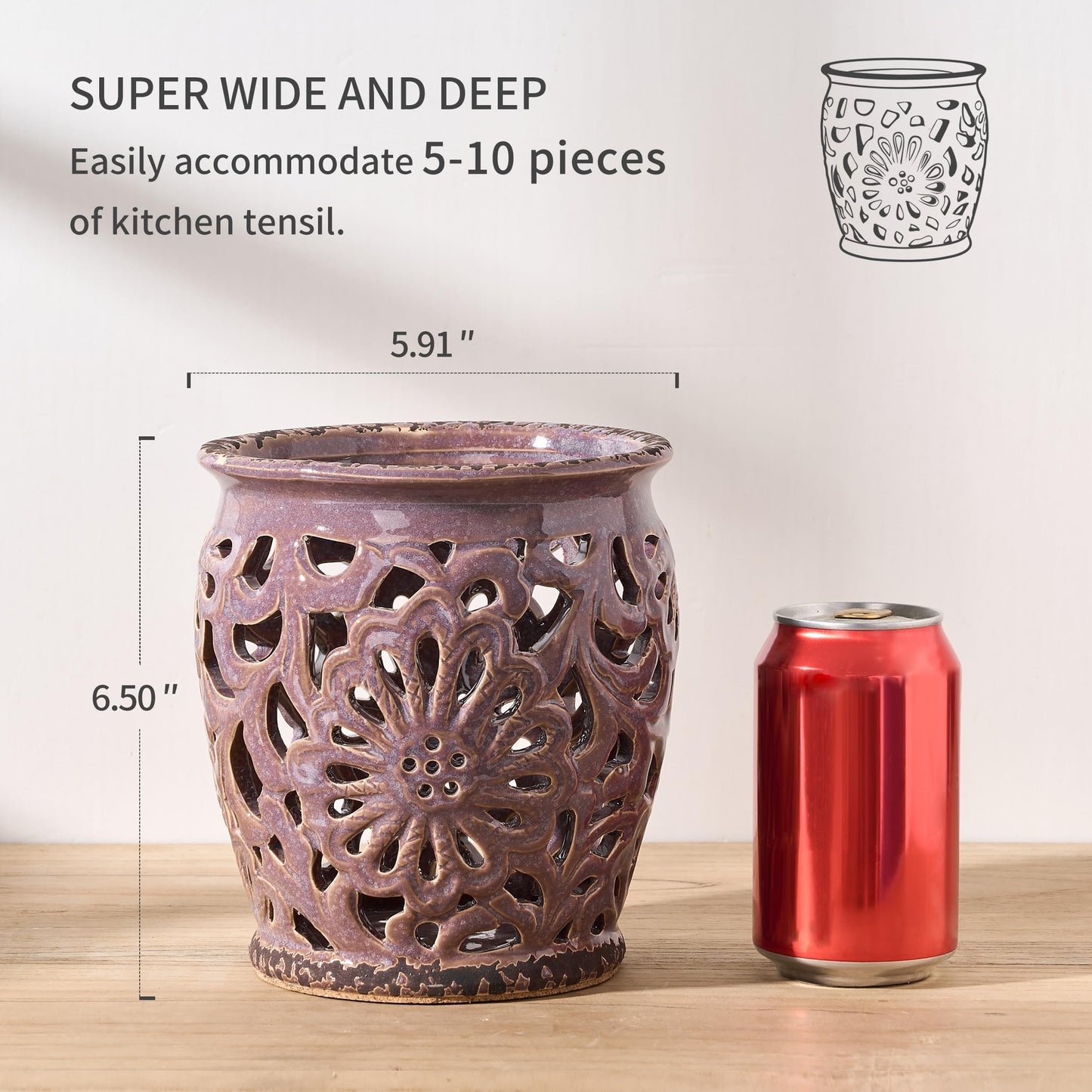 JH JIEMEI HOME Farmhouse Kitchen Utensil Holder for Kitchen Counter, Ceramic Large Cooking Utensil Crock with Cork Mat, Decorative Rustic Utensil Organizer for Countertop, Spatula, Antique Purple