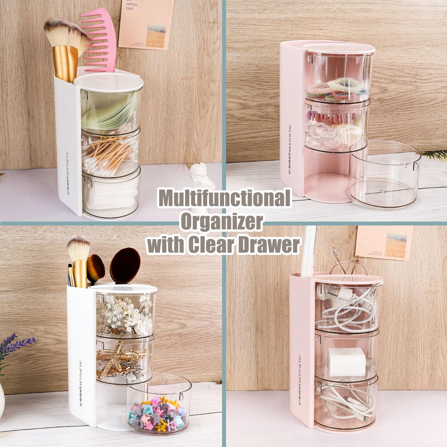 WCHOSOZH 3-Tier Clear Hair Accessories Organizer with Hair Brushes Holder, Rotatable Drawer Makeup Sponge Holder Desktop Organizer Case for Makeup Brush Lipsticks Q-tip Cotton Swab Stationery (White)