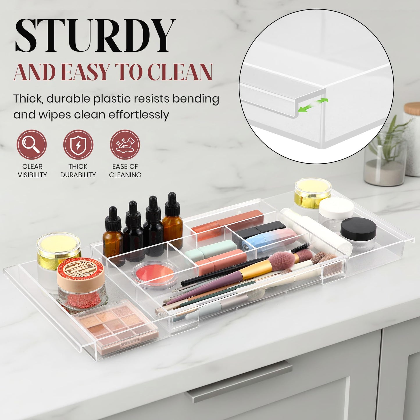 Dunkive 4pack Shallow Expandable Drawer Organizer, Adjustable 12.5”–20” Clear Plastic Drawer Organizer Tray for Vanity Bathroom Desk Kitchen Drawers, Multi Compartment Storage