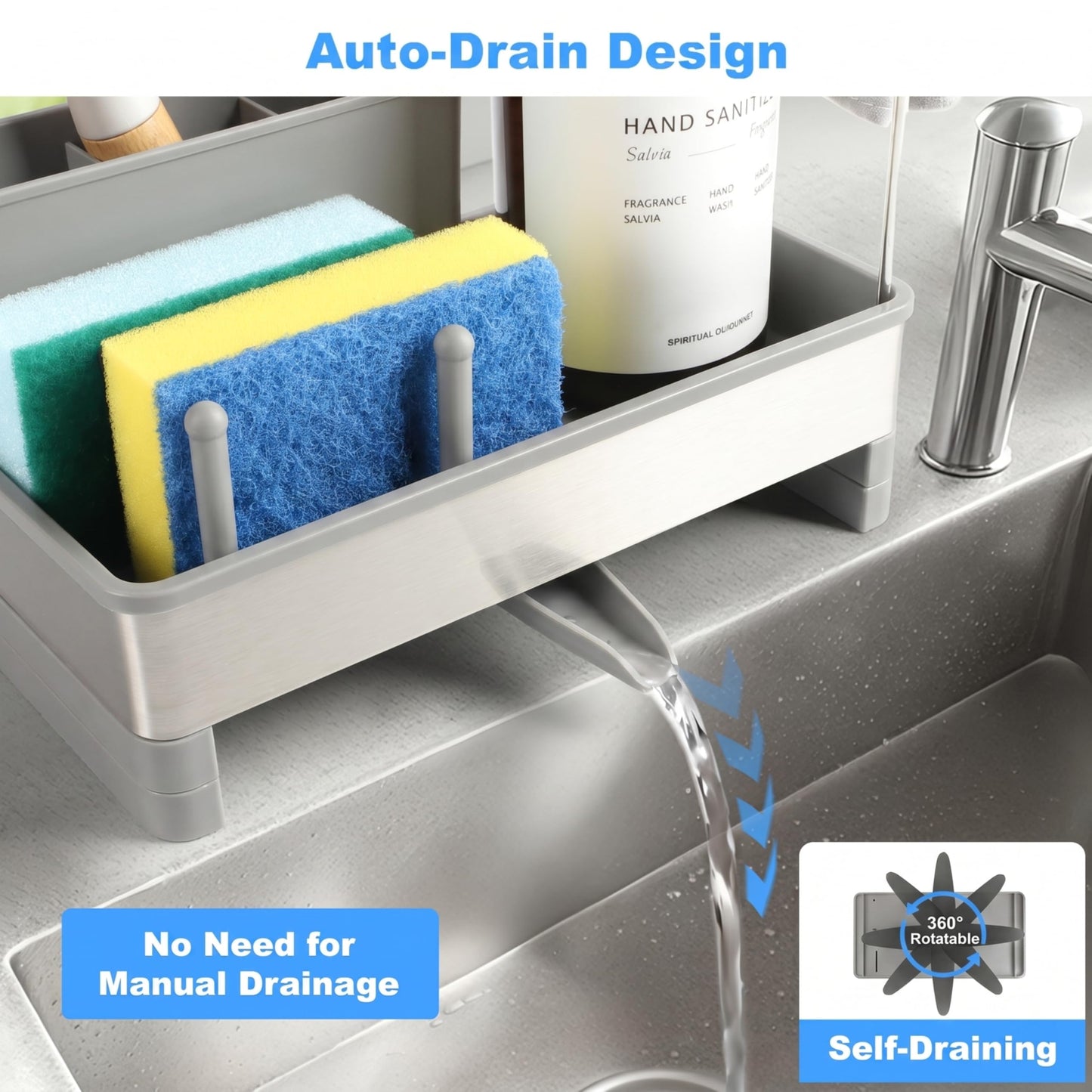 Ouletoy Kitchen Sink Caddy Organizer, Stainless Steel Sponge Holder, Kitchen Caddy Sink Organizer with Dish Brush Holder and Dishcloth Rack, Rustproof Dish Sponge Drying Rack for Countertop Storage