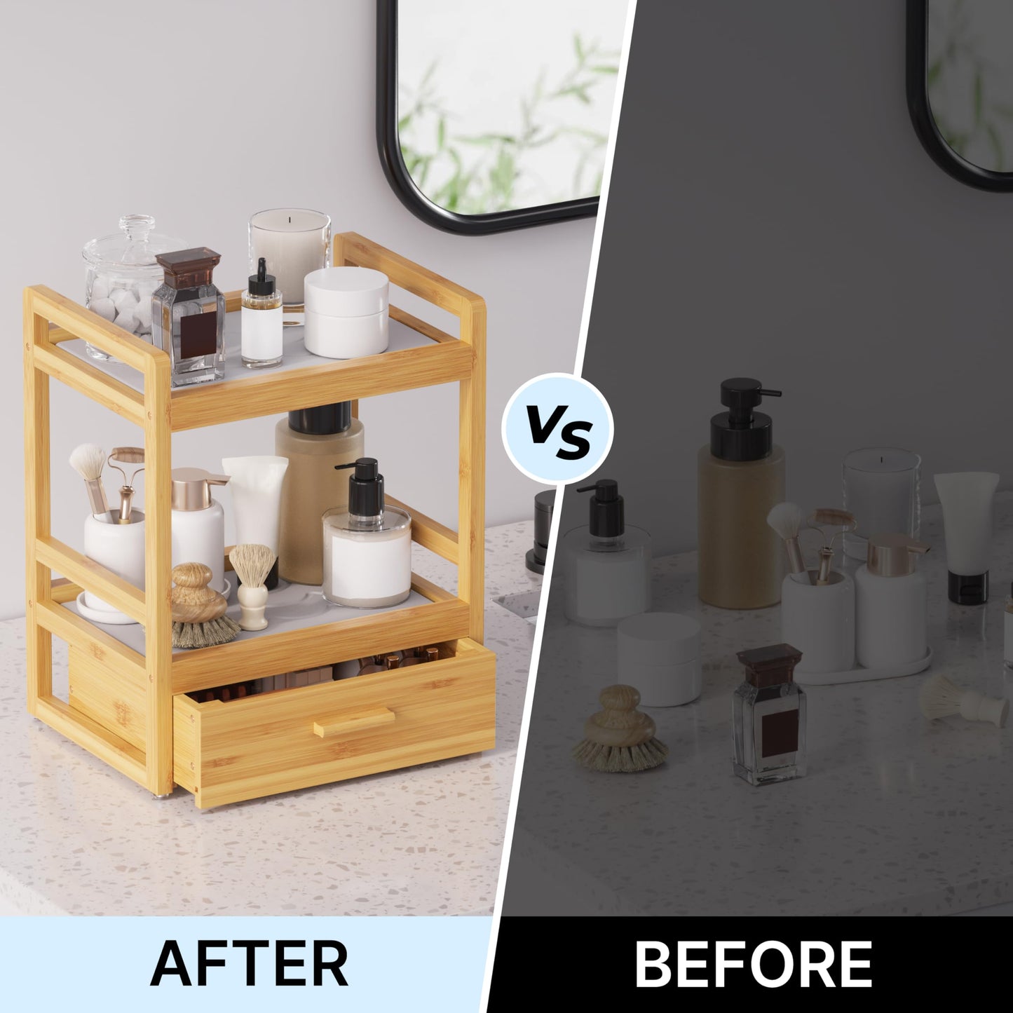 Bamboo Bathroom Organizer Countertop, 2 Tier Vanity Organizers and Storage with Drawer for Skincare & Makeup, Counter Shelf with Stone Drying Mat for Coffee Bar, Kitchen, Matcha Station