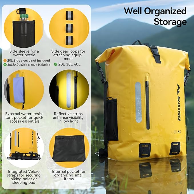 MARCHWAY Roll Top Waterproof Backpack, Floating Dry Bag 20L/30L/45L with Ergonomic Rectangular Base, Cushioned Back, Hip Strap for Hiking Camping Kayaking Travel (Yellow, 20L)