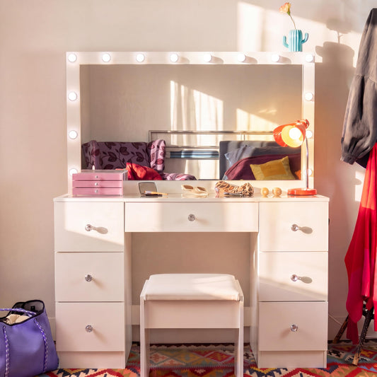 Boahaus Nova Vanity Desk with Framed Bulb Mirror & Stool – 7 Drawer Integrated Makeup Station