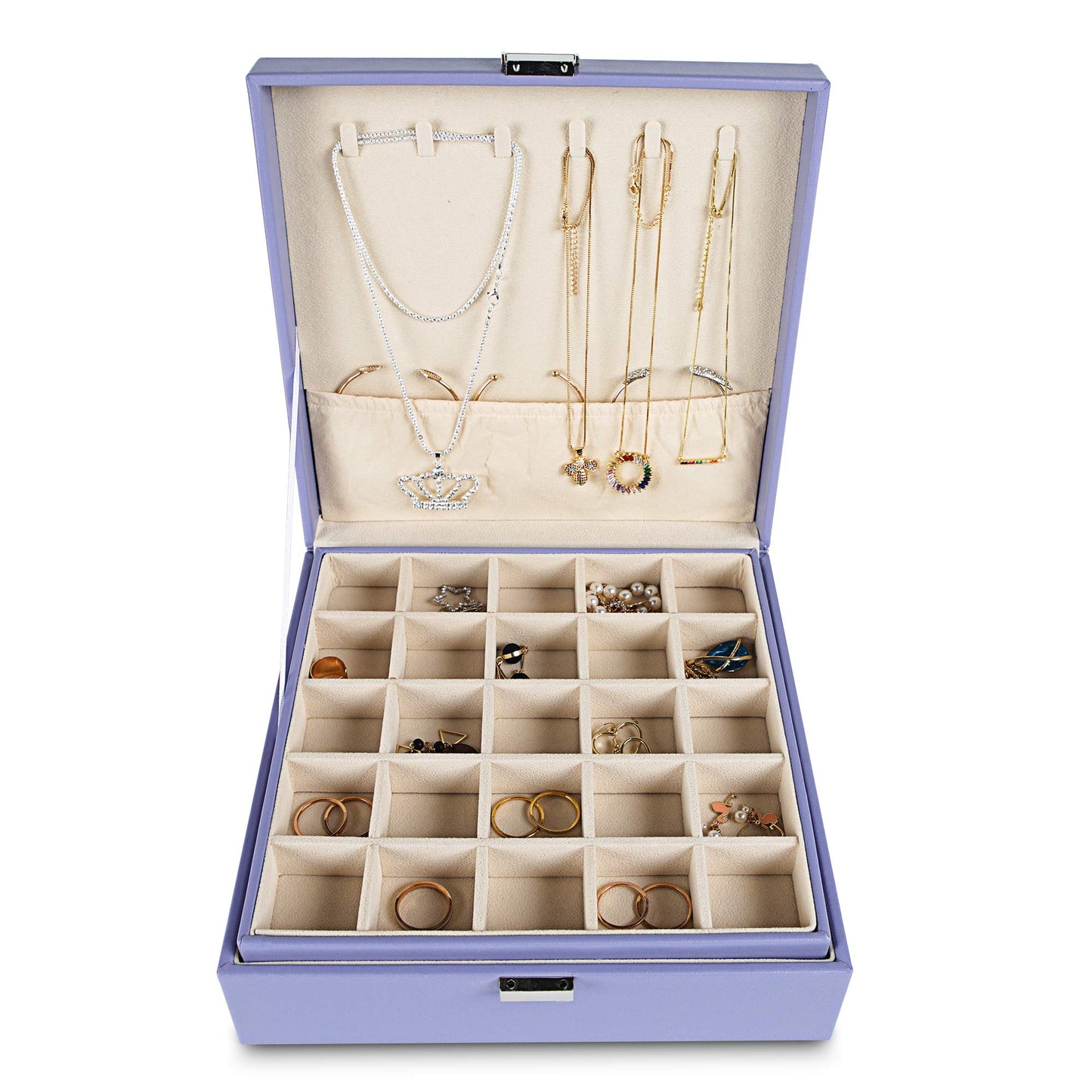 Frebeauty Earring Organizer Classic Jewelry Box 50 Slots Double Layer Jewelry Storage Case with 6 Necklace Hook and Bracelet Pocket(Purple)