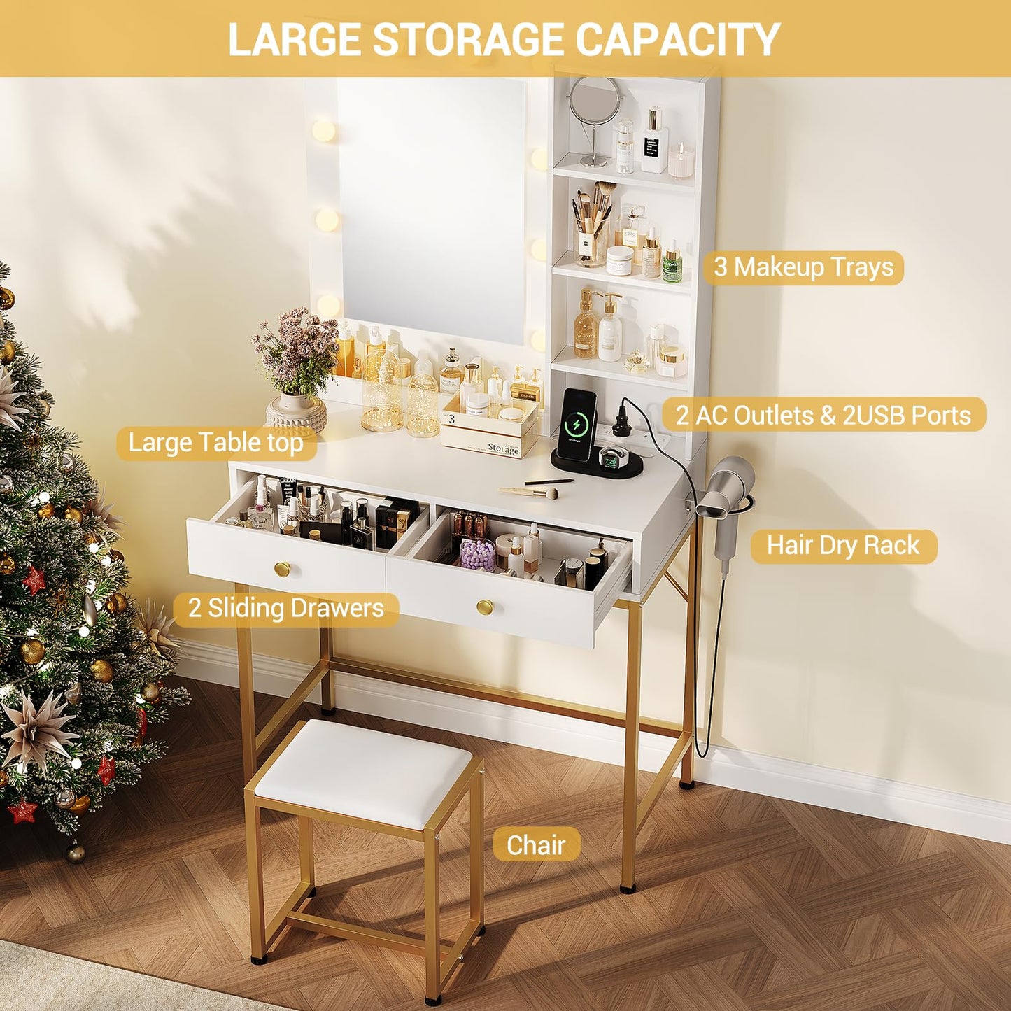 GarveeHome Vanity Desk with Mirror and Lights, Makeup Vanity Table with Chair & Charging Station, Makeup Vanity Set with 3 Lighting Color Adjustable Dressing Table for Bedroom,White