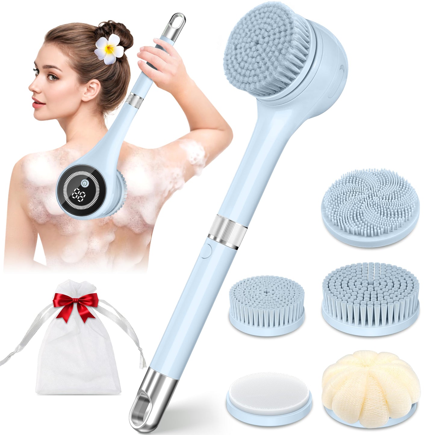 Electric Body Brush Back Scrubber for Shower, Waterproof Rechargeable Auto Bath Brush with Long Handle, 5 Replaceable Heads & 3 Speeds, Deep Cleansing Exfoliating Massage Spin Scrubber for Men & Women