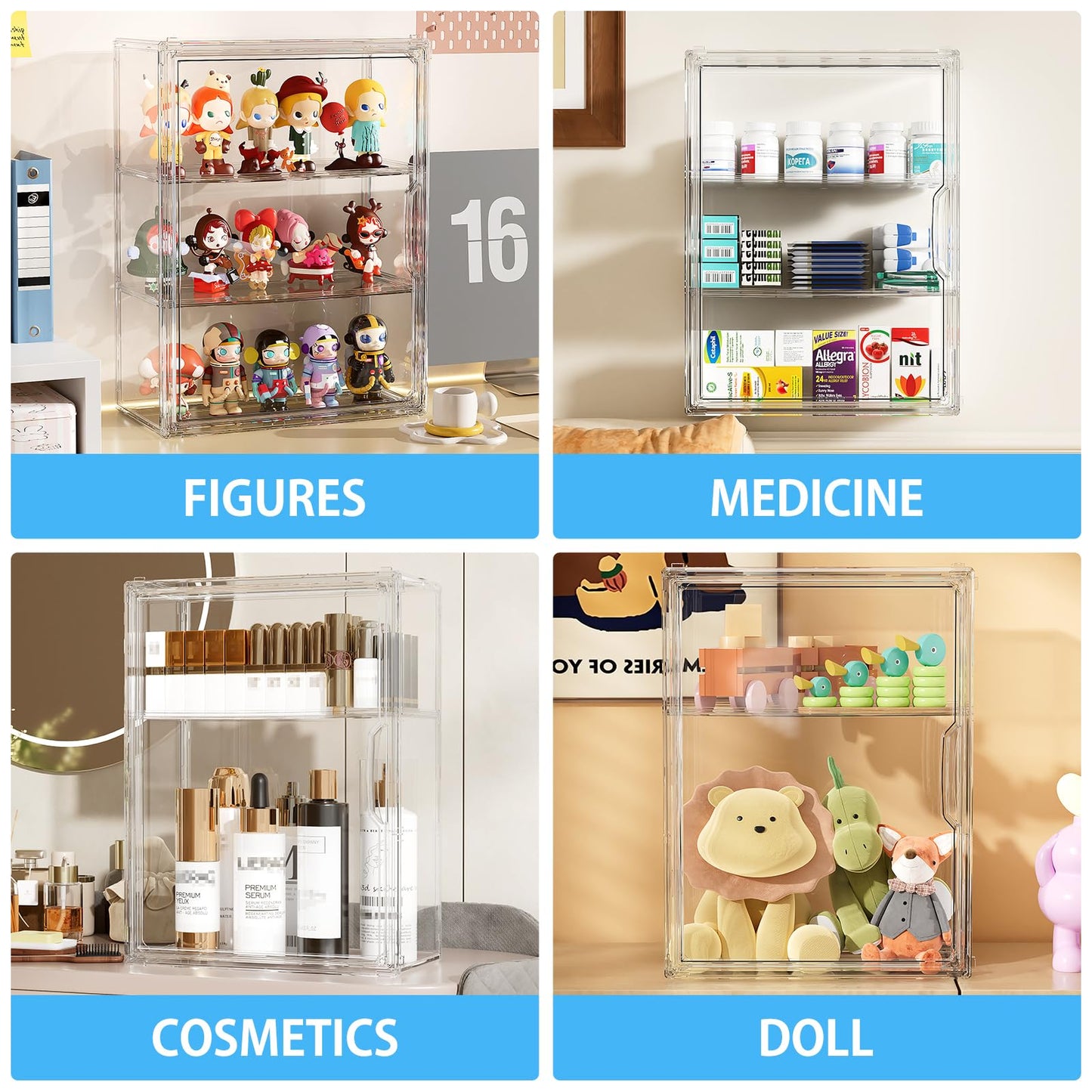 JOYZAN Acrylic Display Case for Collectibles, 2 Packs 3 Tiers Clear Display Case for Figures, Wall-Mounted Storage Box with Magnetic Door, Adjustable Figurine Display Shelf Dust-Proof Showcase