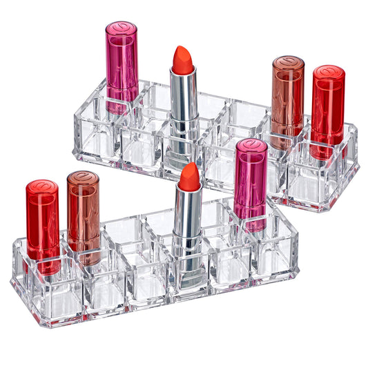 Amazing Abby - Charm - 2-Pack 12-Slot Acrylic Lipstick Organizer, Lipstick Holder, Lip Gloss Holder, Cosmetic Storage Display, Perfect Storage Solution for Drawer and Vanity (Slot Size: 0.9" x 0.9")