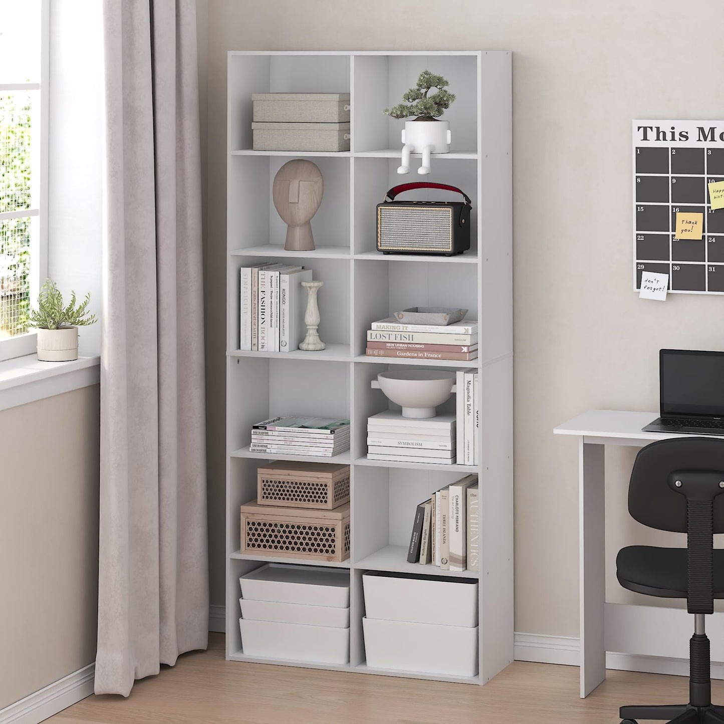 Furinno Basic Book Shelf, 12-Cube Bookshelf, Bookcase with Open Shelf, Cube Storage Organizer, 12 x 32 x 71, for Living Room, Home Office, White