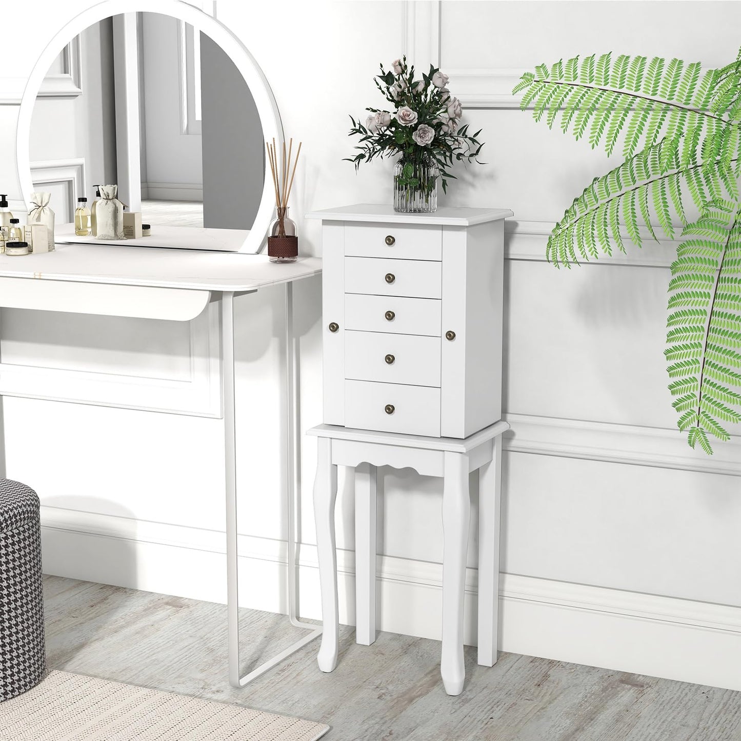 Giantex Standing Jewelry Armoire Cabinet with 4 Drawers, Flip Top Mirror, Top Storage Compartments, 2 Side Doors with 8 Necklace Hooks, Freestanding Jewelry Organizer Box Chest (White)