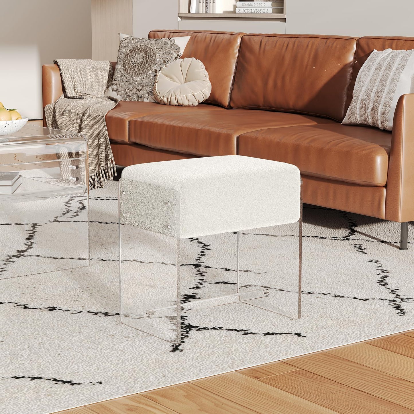 XOHYW Vanity Stool Chair, Soft Ottoman with Clear Acrylic Legs, Modern Padded Seat Footstool for Entryway, Hallways, Bedrooms and Living Room (White)