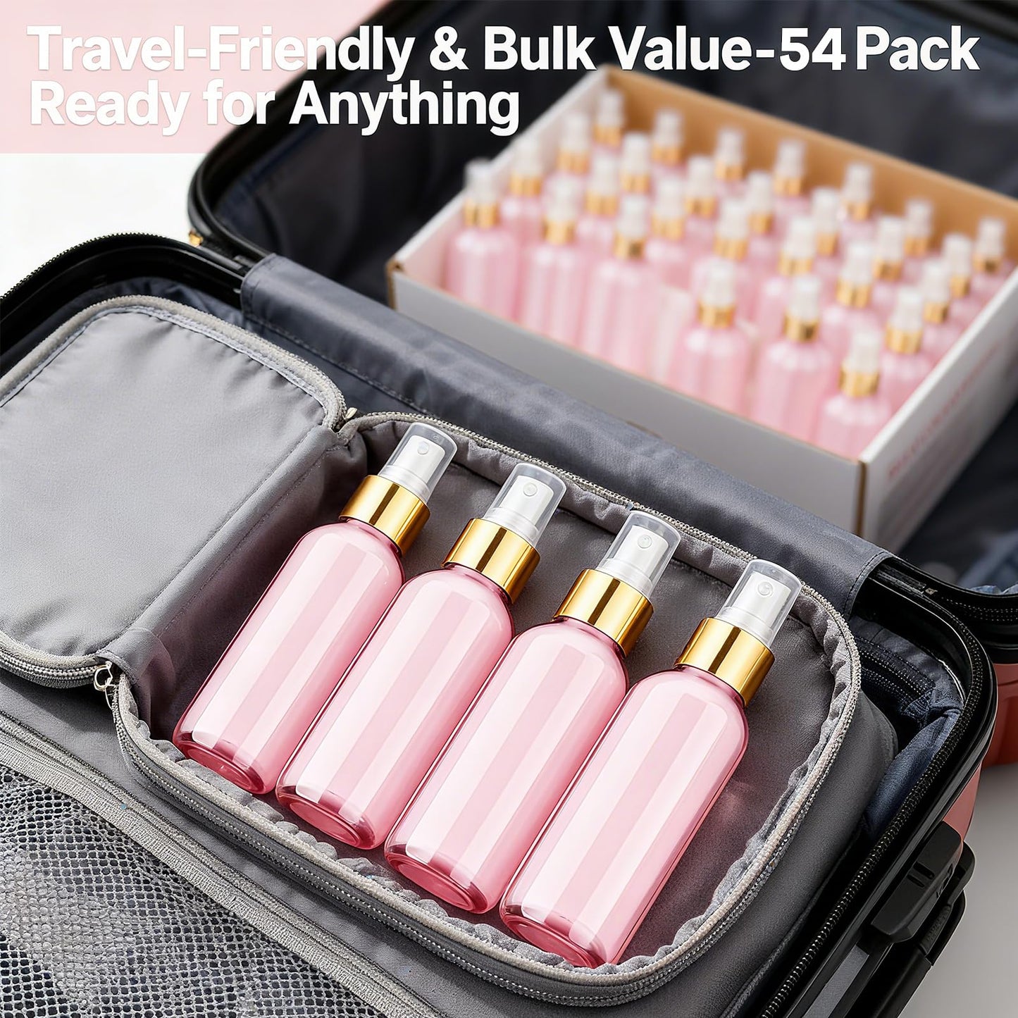 Nyuemystery 54 Pack 4 oz Small Glass Spray Bottles, Pink Refillable Fine Mist Bottles for Essential Oils, Cleaning Solutions, Perfume, Travel Size Liquid Containers