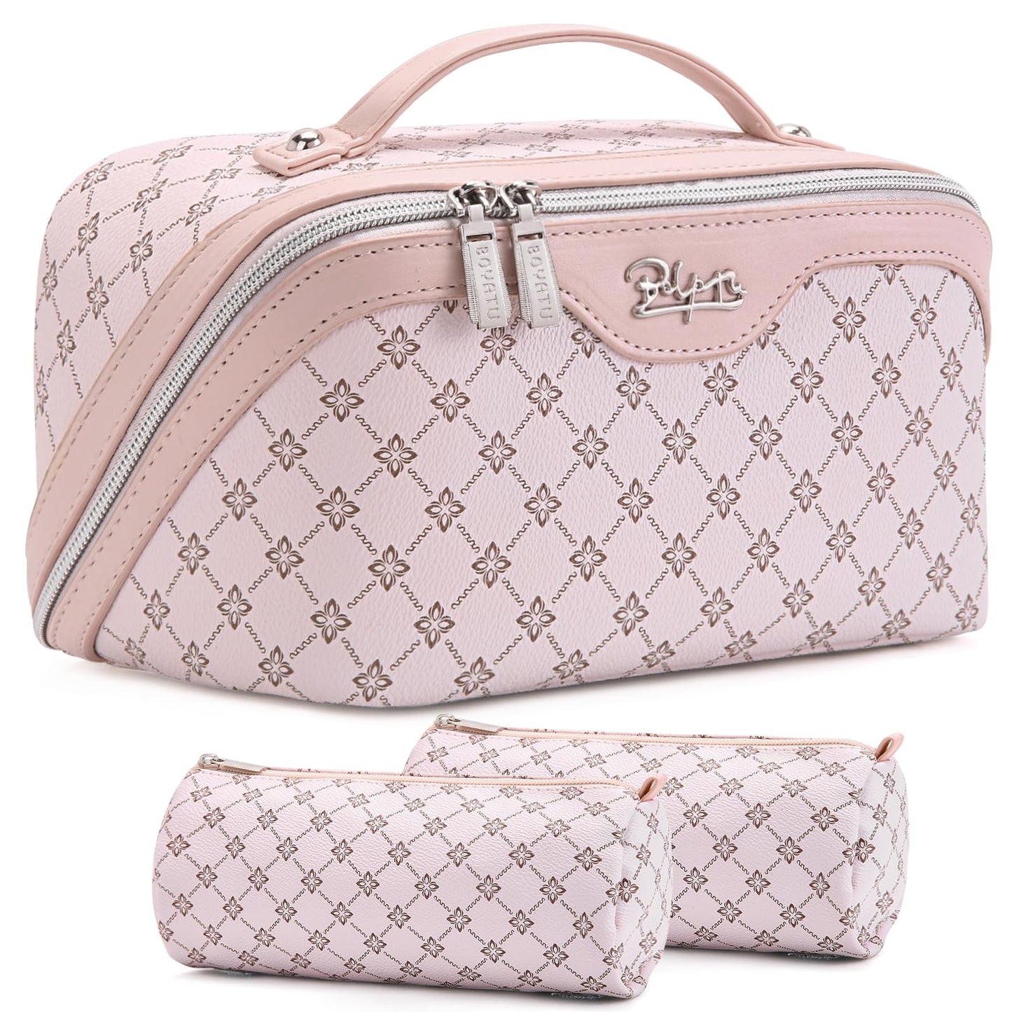 BOYATU Travel Makeup Bag Cosmetic Bags for Women: 3 Pcs Set Large Capacity Make up Bag with Handle - Vegan Leather Toiletry Bags with Compartments - Makeup Organizer for Travel Essentials(A-3-Pink)