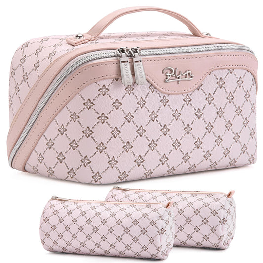 BOYATU Travel Makeup Bag Cosmetic Bags for Women: 3 Pcs Set Large Capacity Make up Bag with Handle - Vegan Leather Toiletry Bags with Compartments - Makeup Organizer for Travel Essentials(A-3-Pink)