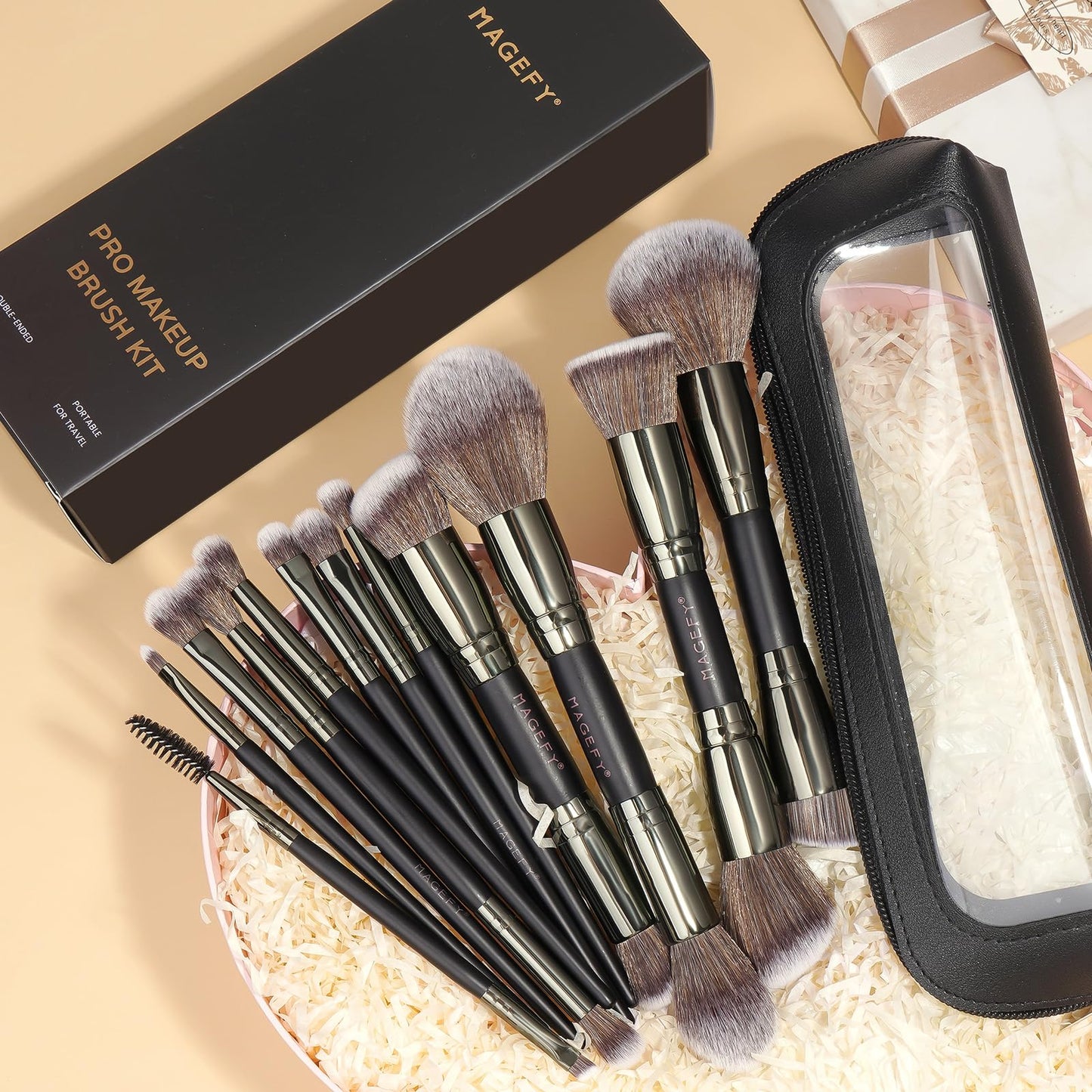 MAGEFY Makeup Brushes 12Pcs with Bag, Double-End Multi-functional for Foundation Powder Blush Eyeliner Eyeshadows brushes with Gift Box,Black