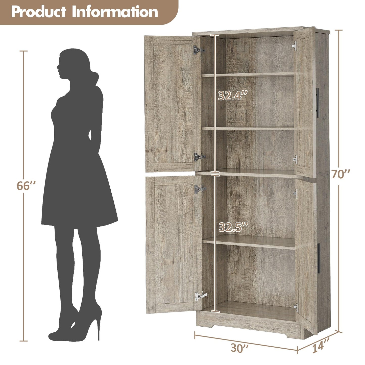 IDEALHOUSE Pantry Cabinet,70" Tall Kitchen Pantry Cabinet with 4 Doors and 3 Adjustable Shelves, Freestanding Cupboard, Modern Storage Cabinet for Bathroom, Dining Room, Living Room, Gray