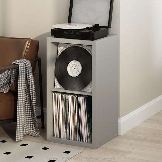 Furinno Cubicle Record Player Stand with Vinyl Storage, 2-Cube 1.2 Extra Thick Vinyl Record Storage, Open Back Media Shelf for CD DVD Blueray Game Disc, for Living Room, Home Office, Light Grey