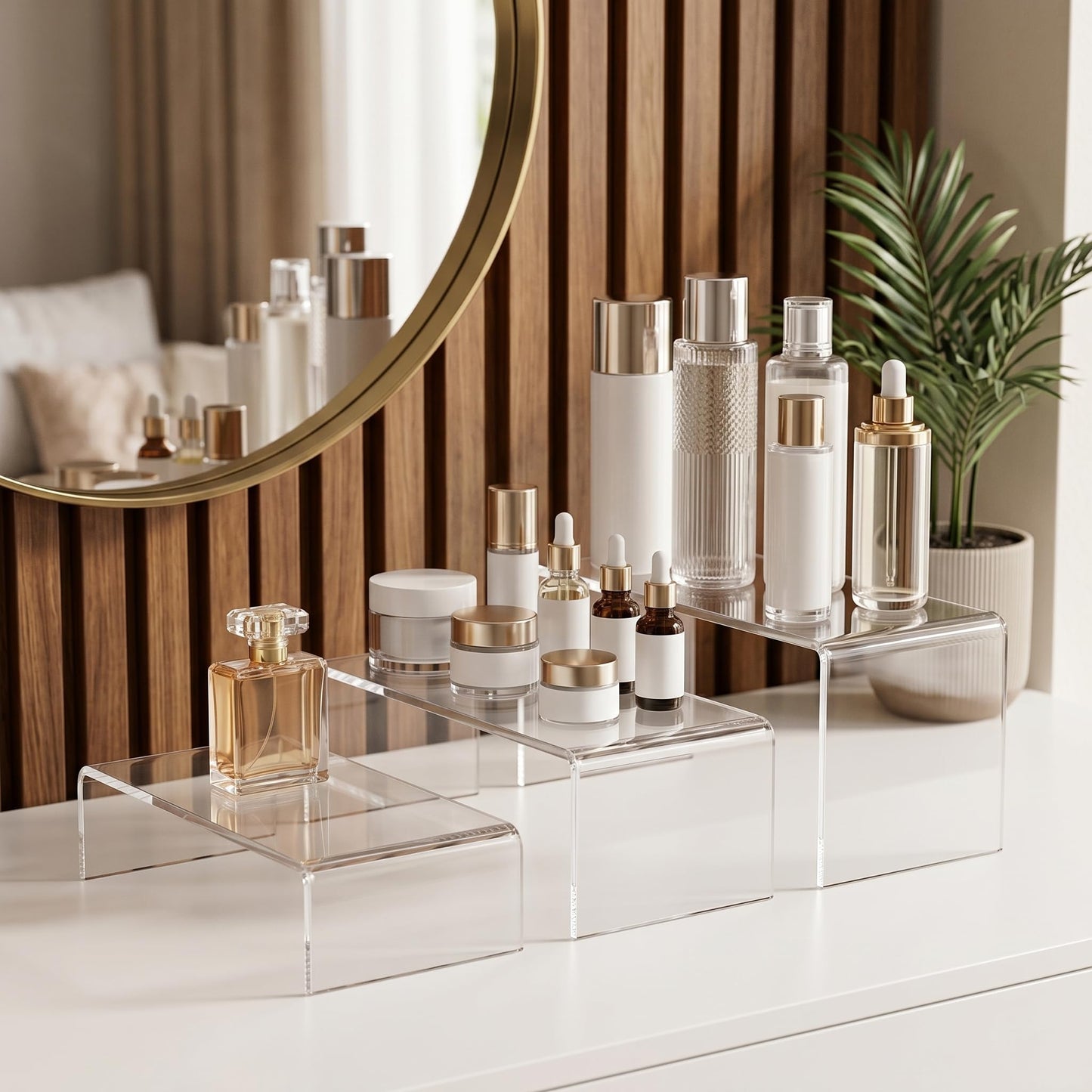Enjamyo 6 PCS Clear Acrylic Display Risers, Rectangular Risers Display Stands, Product Stand, Clear Display Stand for Jewelry Perfume Figures Dessert Cupcake (7", 8", 9")