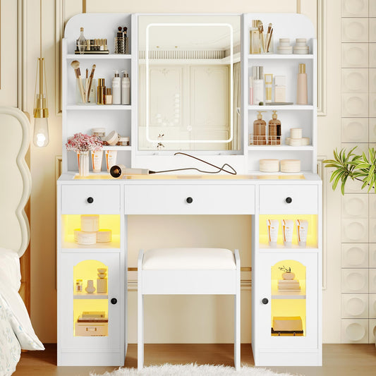43.2" Vanity Desk with LED Mirror and RGB Glass Light Cabinets, Dressing Table with 3 Drawers, Storage Shelves, Glass Top, Adjustable 3-Color Lighting, Charging Station and Stool for Bedroom, White