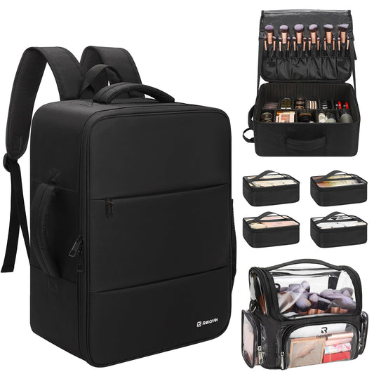 Relavel Makeup Bag Travel Train Case Makeup Backpack with 4 Clear Bags & Makeup Brush Case, Professional Makeup Artist Kit Set Bags, Cosmetics Storage Organizer Box with Adjustable Dividers, Black