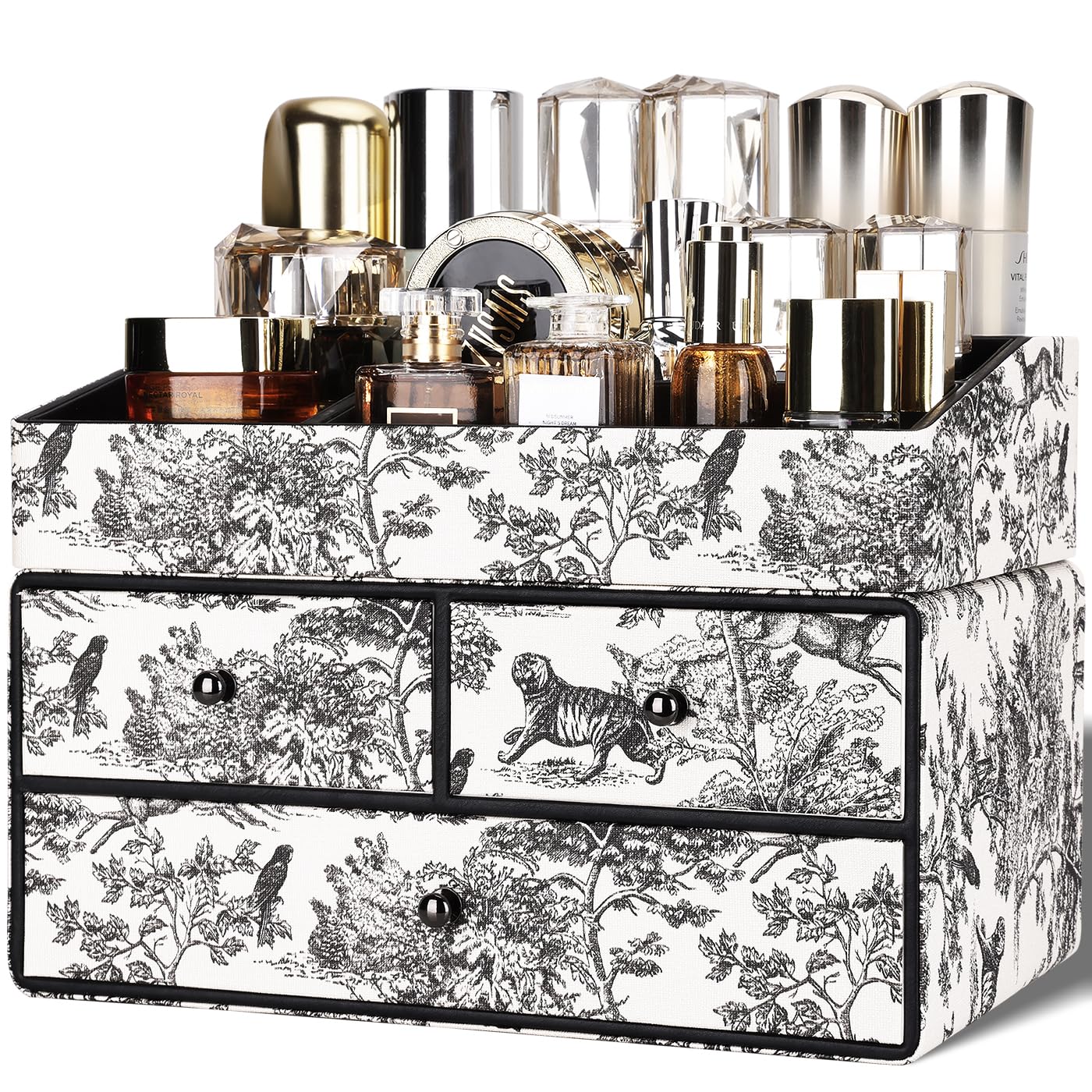 GORESE Leather Makeup Organizer with 3 Drawers for Vanity, Stackable Skincare Holder Dresser Organizer Countertop, Make Up Storage Organizers Counter Cosmetic Display Case Gift for Women(Retro Black)