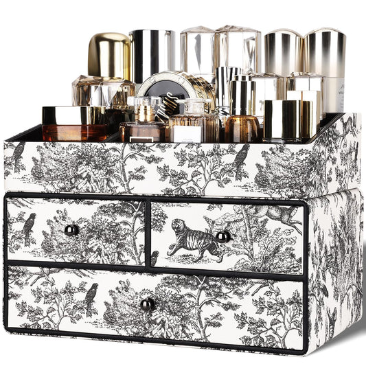 GORESE Leather Makeup Organizer with 3 Drawers for Vanity, Stackable Skincare Holder Dresser Organizer Countertop, Make Up Storage Organizers Counter Cosmetic Display Case Gift for Women(Retro Black)