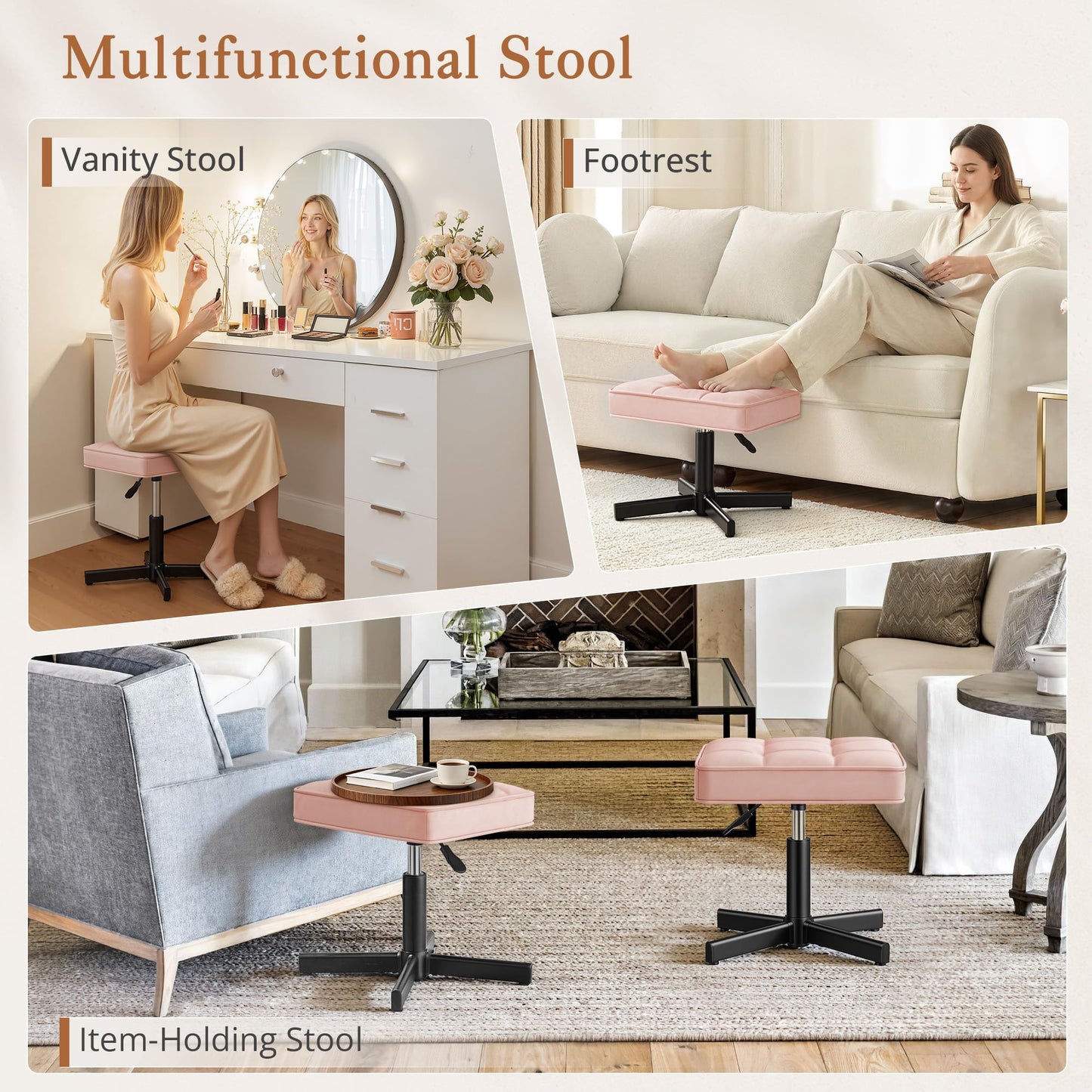 LUE BONA Adjustable Vanity Stool, 15''-19.5'' Foot Rest Under Desk, 360° Swivel Vanity Chair for Makeup Room, Pink Upholstered Faux Leather Ottoman for Bathroom & Living Room, 300lbs