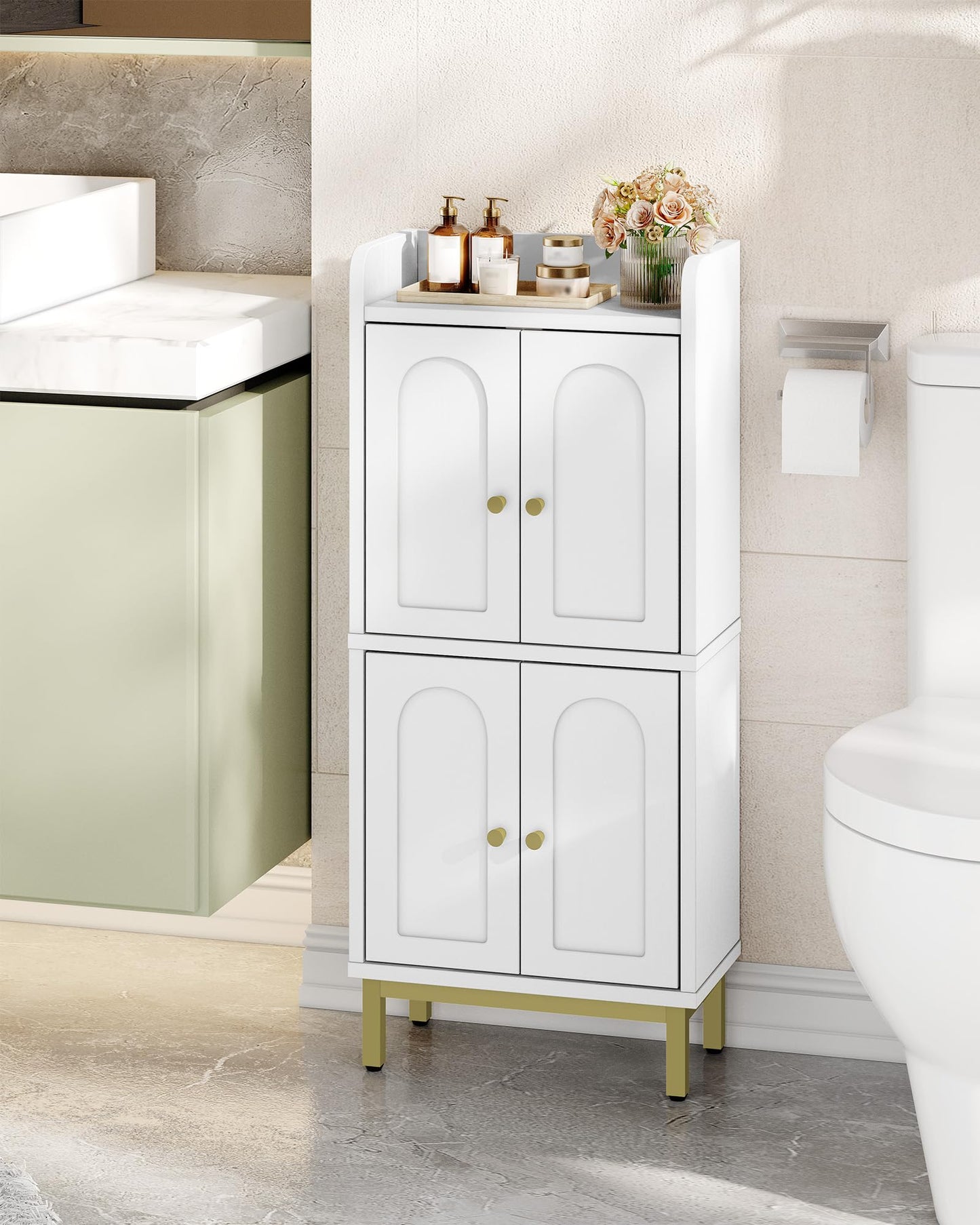 Hzuaneri Bathroom Cabinet, Small Storage Cabinet with 4 Doors, Bathroom Organizers and Storage Cabinets with Adjustable Feet. Cabinets Freestanding for Living Room, Kitchen, 7.1"D x 14.6"W x 32.7"H