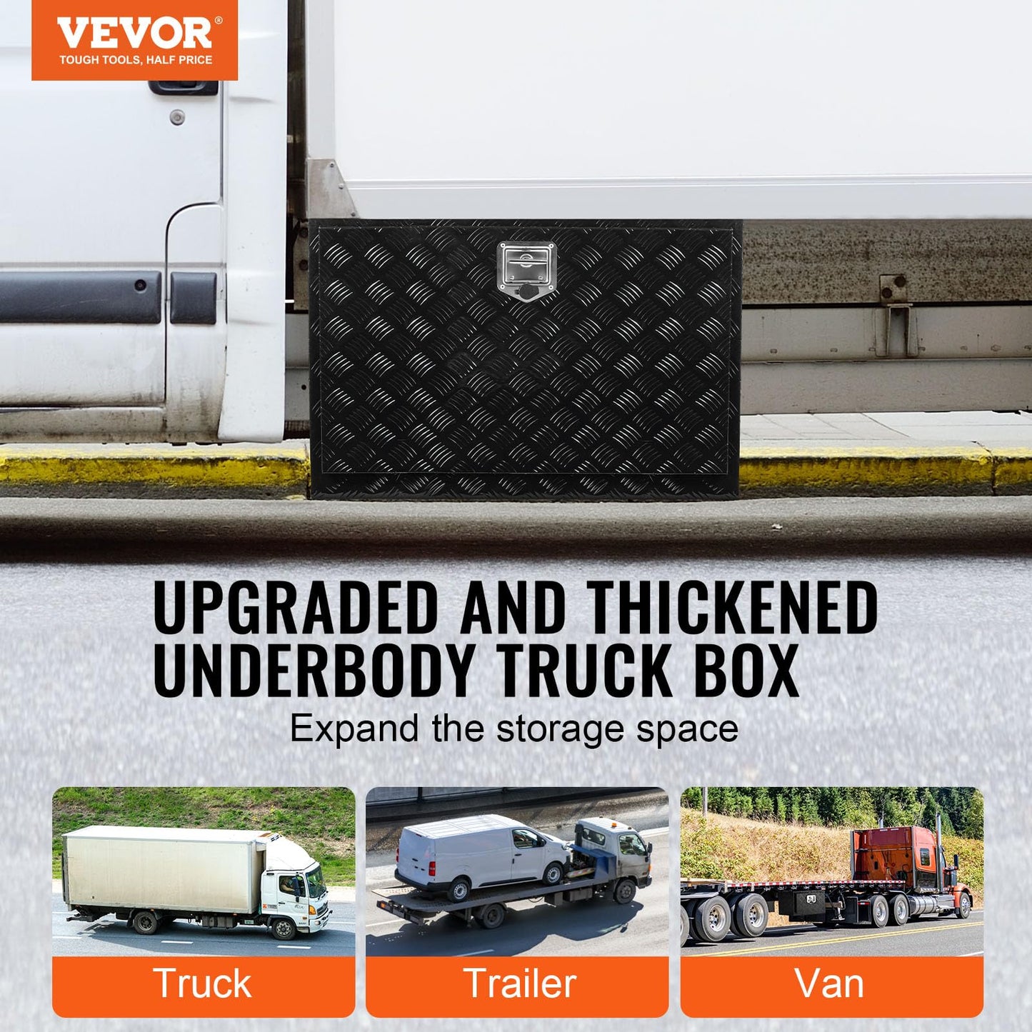 VEVOR Underbody Truck Box, 48" x 24" x 24" Pickup Storage Box, Heavy Duty Aluminum Diamond Plate Tool Box with Lock and Keys, Waterproof Trailer Storage Box with T-Handle Latch for Truck, Van, Trailer