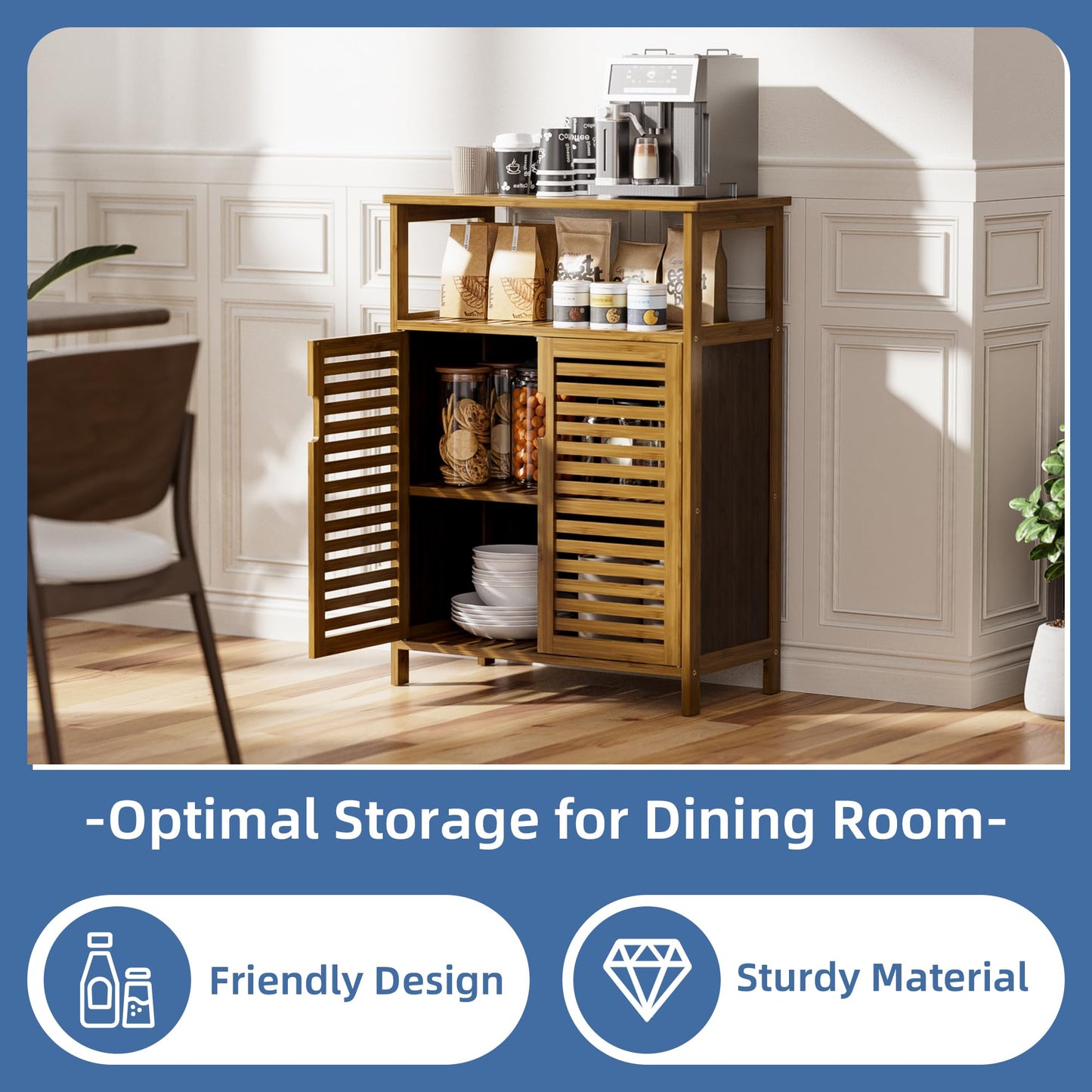 HITNET Bathroom Storage Cabinet, Bamboo Floor Cabinet with Double Doors and Open Shelf, Freestanding Cupboard for Living Room, Kitchen, Entryway, Walnut