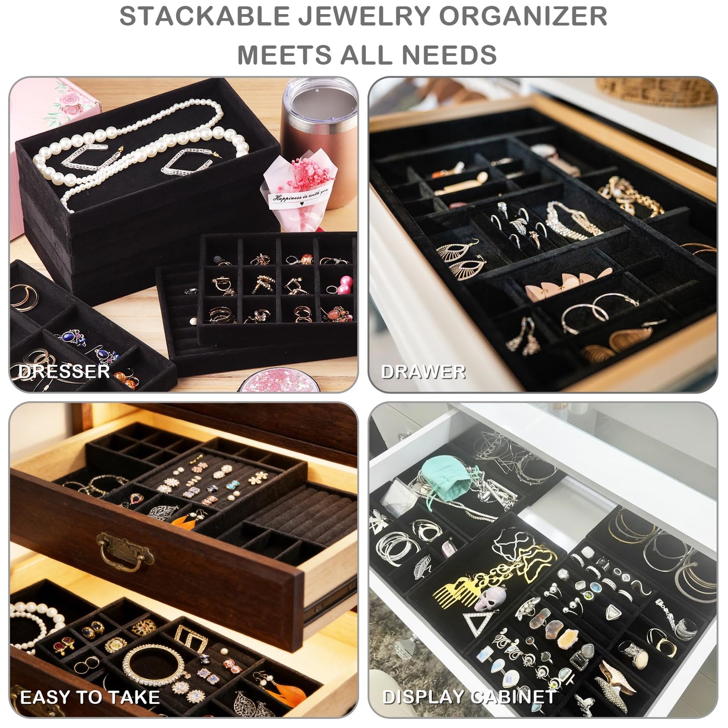 Afnkiom Jewelry Trays,Velvet Stackable Organizer Trays,Drawer Inserts Jewelry Display Case For Rings Stud Necklaces Earring Organizer Tray for Women Girls-8 Pack (Black)