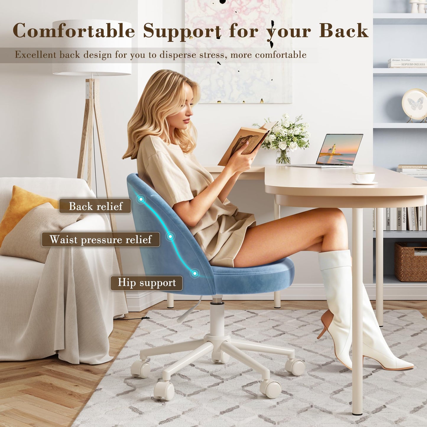 EnHomee Velvet Vanity Chair with Wheels, Armless, Height Adjustable, Blue
