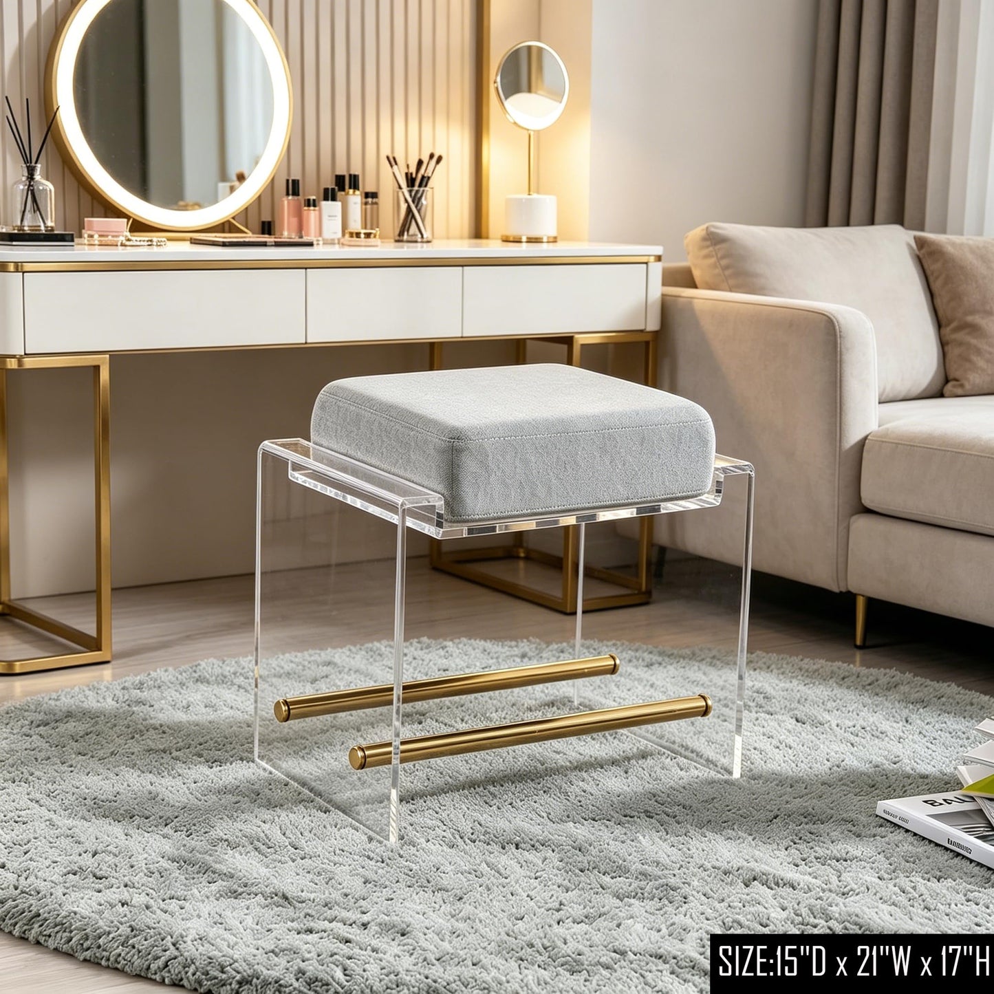 LIKENOW Furniture Acrylic Ottoman,Vanity Stool,Foot Rest Ottoman with Cushion for Living Room Makeup Room,Office,Hotel,Rectangular,Modern,Small,20''x14''x17'' High,15.9 Lbs