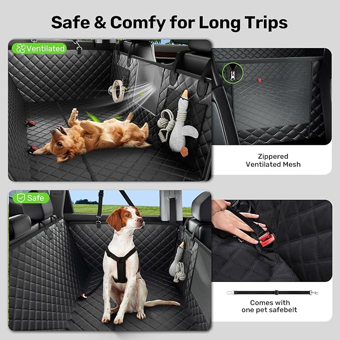 Zanch Heavy-Duty Dog Car Seat Cover, Flat Solid Back Seat Extender for Multi Large Dogs, Hard-Base Supports 450 lb, Waterproof Scrachproof Hammock Protector, Standard for Cars, SUV, Trucks, Green