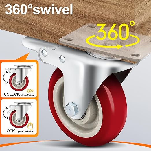 5 Inch Heavy Duty Caster Set of 4, Swivel Plate Castor Wheels with Dual Locking Brakes, Silent Polyurethane (PU) Wheels, 360 Rotation, 2800lbs Load Capacity