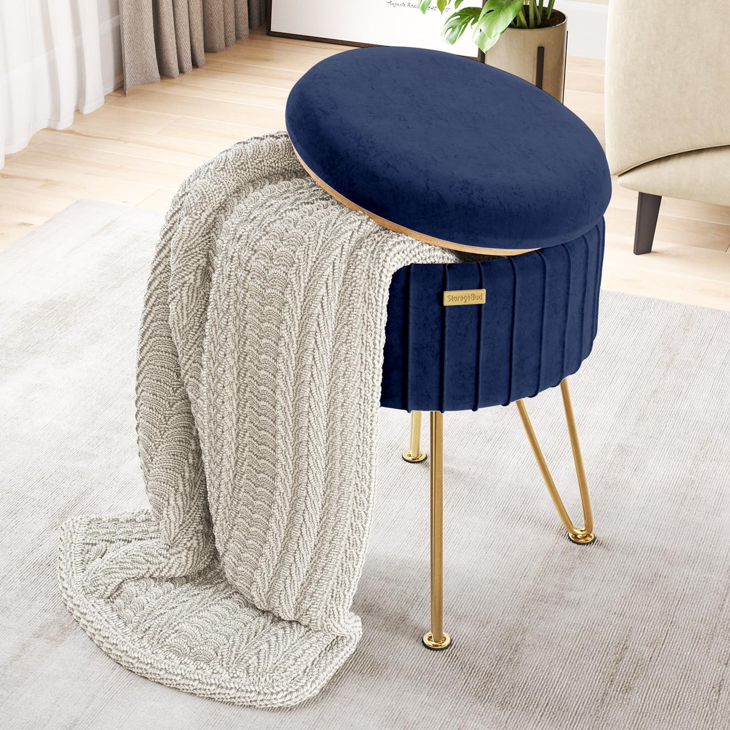 STORAGEBUD Round Ottoman with Storage, Pleated Velvet Storage Ottoman, Foot Stool Ottomans, Makeup Vanity Stool, Small Ottomans Foot Rest, Modern Vanity Stools for Living Room and Bedroom, Blue