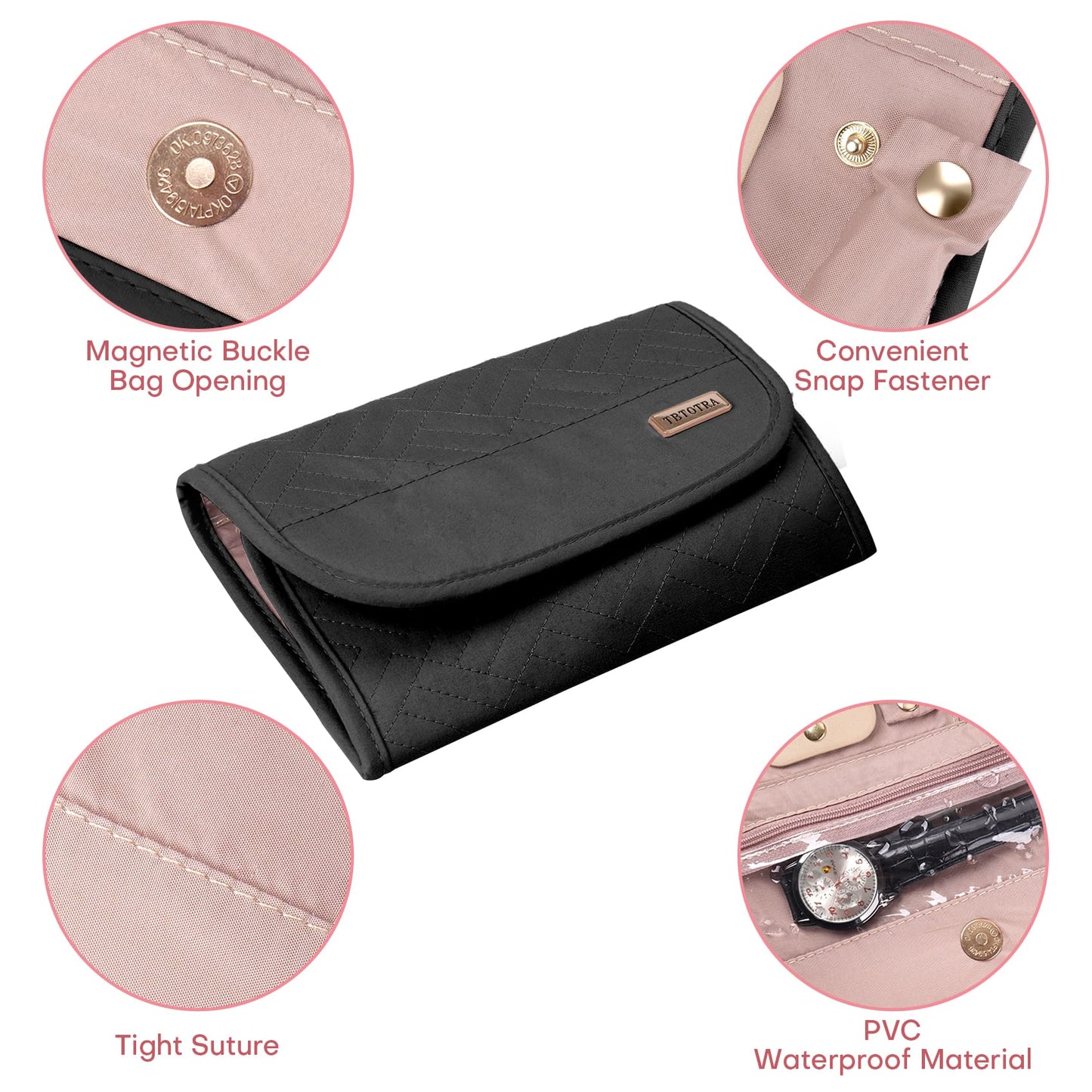 TBTOTRA Travel Jewelry Organizer Box, Foldable Travel Case for Earrings, Necklaces, Rings, Bracelets, Black