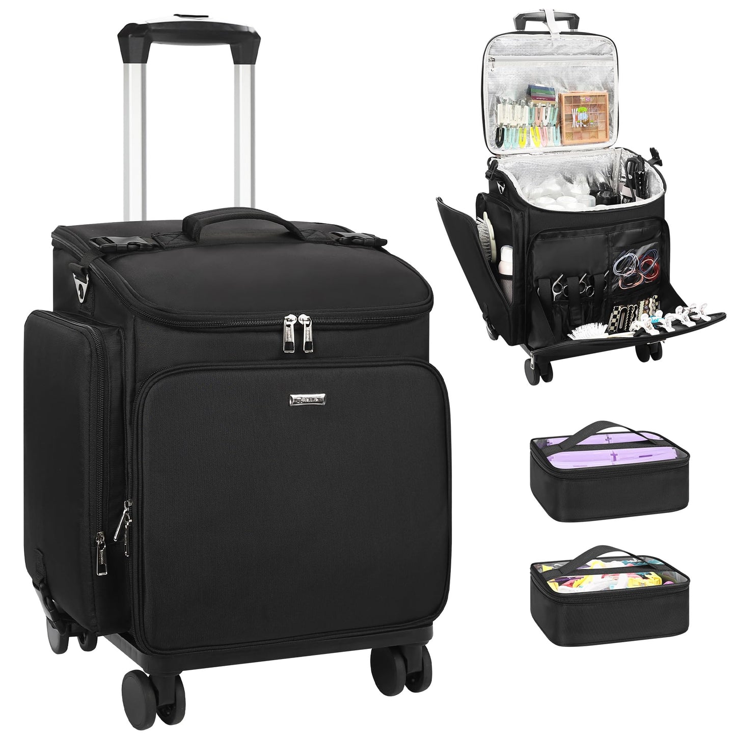Relavel Rolling Makeup Case, Hair Tools Travel Bag Cosmetology Case on Wheels with 2 Clear Bags, Professional Hairstylist Bag Makeup Artist Storage Train Case Barber Organizer with 360° Spinner Wheels