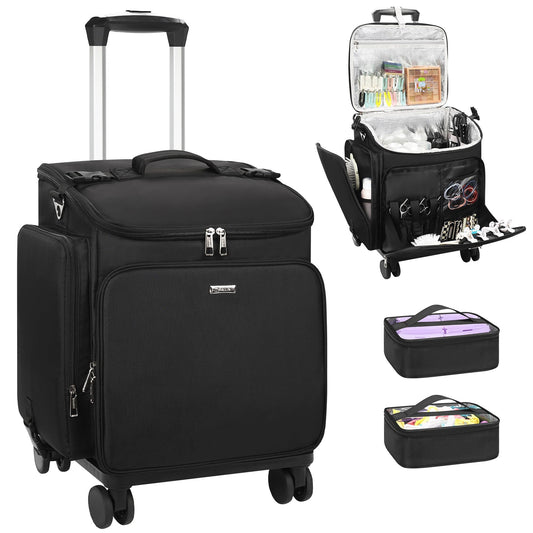 Relavel Rolling Makeup Case, Hair Tools Travel Bag Cosmetology Case on Wheels with 2 Clear Bags, Professional Hairstylist Bag Makeup Artist Storage Train Case Barber Organizer with 360° Spinner Wheels