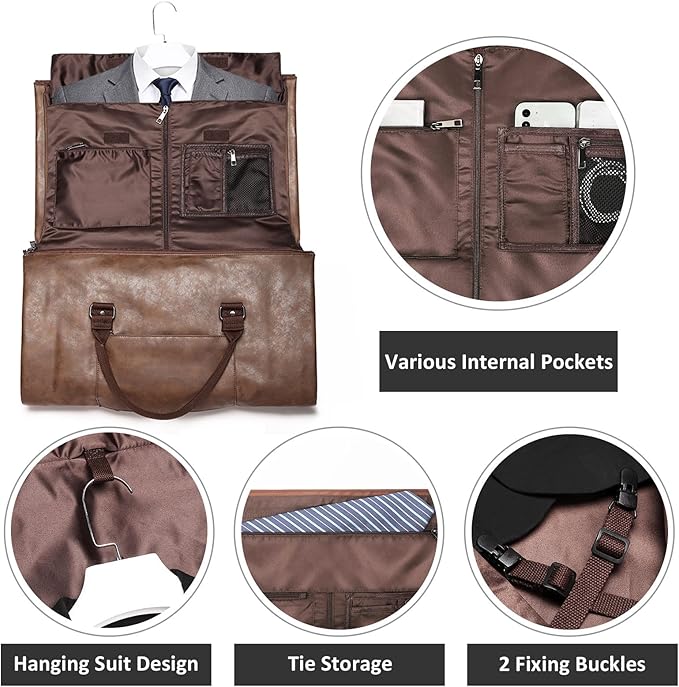 BOLOSTA Carry on Garment Bags for Travel Leather Garment Duffle Bag Convertible Mens Suit Travel Bags with Shoe Compartment,Waterproof,Perfect for Business Travel/Husband Gifts (Brown)