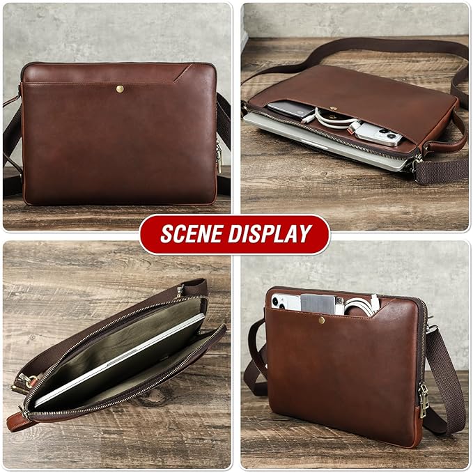 Top Grain Leather 14.2" Slim Laptop Bag Case, Handmade, Adjustable Strap & 2 Pockets, Compatible with MacBook Pro 14 inch 2021 2022 M1 Pro/M1 Max A2442 & Other PC, Red Coffee 14.2 Inch