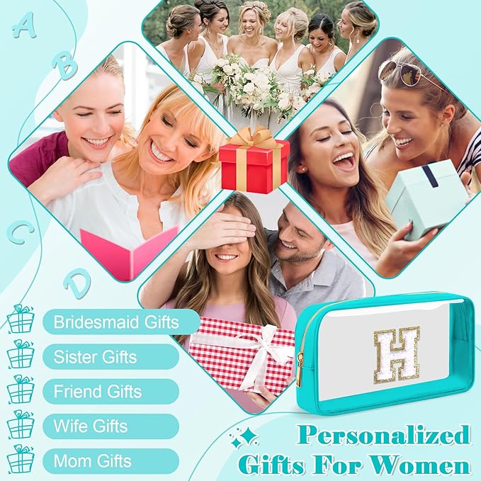 Personalized Initial Letter Clear Makeup Bag,Preppy Small Nylon&PVC Cosmetic Zipper Bag with Chenille Letter,Portable Beach Travel Skincare Toiletry Bag,Trendy Monogram Gift for Teen Girls Women,H