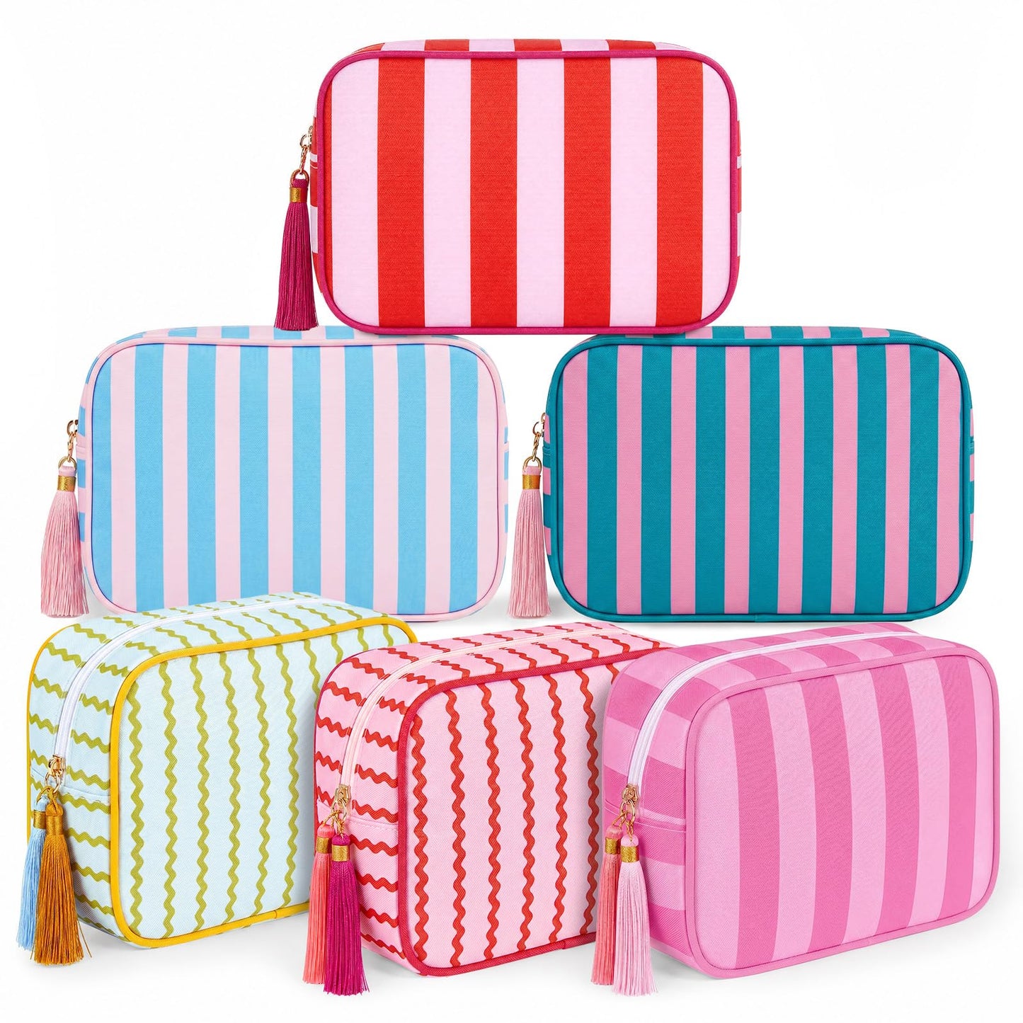 Kacctyen 6 Pack Mixed Color Striped Makeup Bag bulk with Tassel Travel Cosmetic Pouch Organizer Large Zipper Toiletry Case for Women Aesthetic Storage Pouch Mahjong Tile Bag