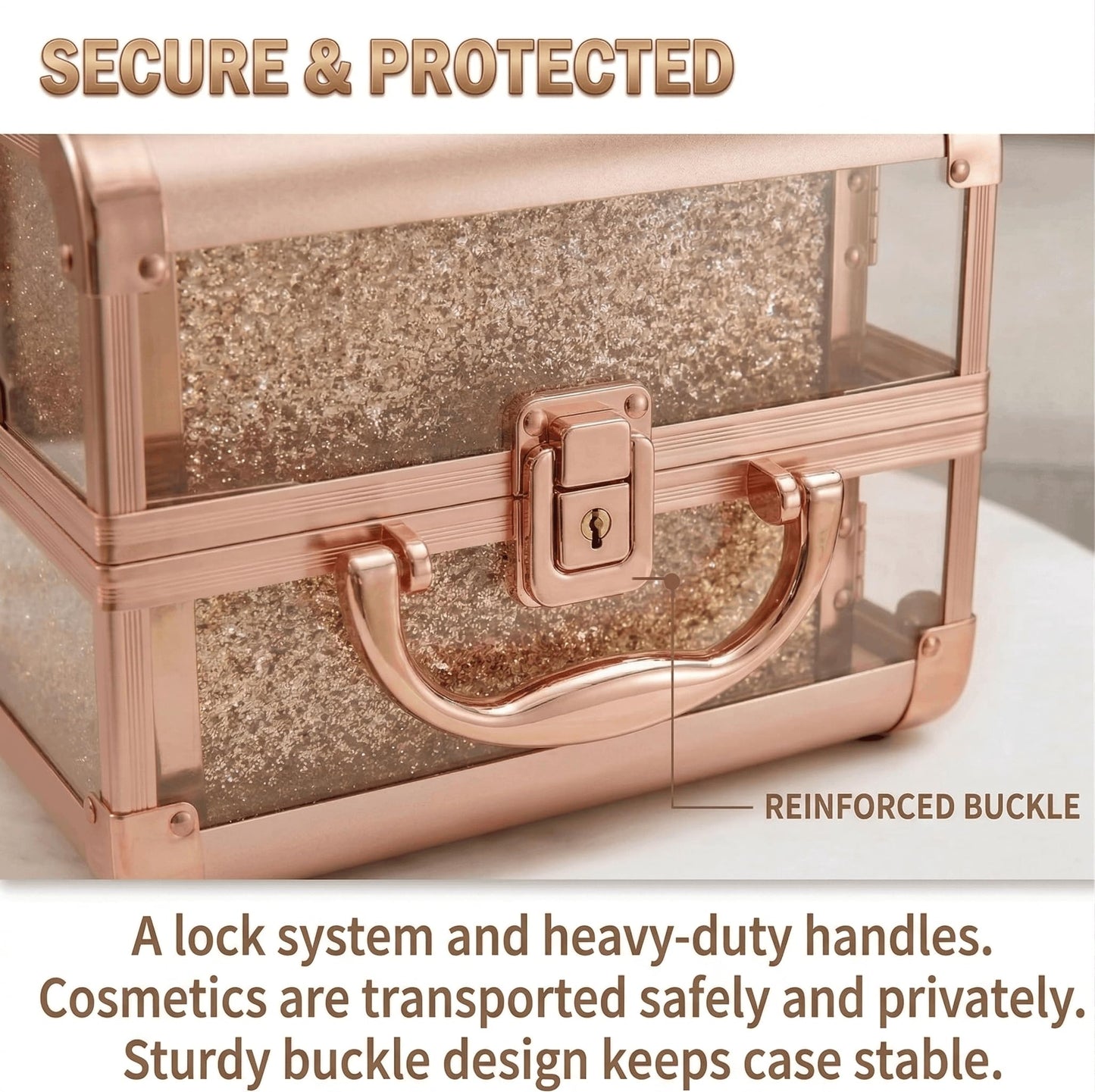 VETALLO Makeup Train Case Travel - Portable Cosmetic Storage Organizer Box Adjustable With 2 Trays, With Lock And Compartments,8.4 Inch Gold