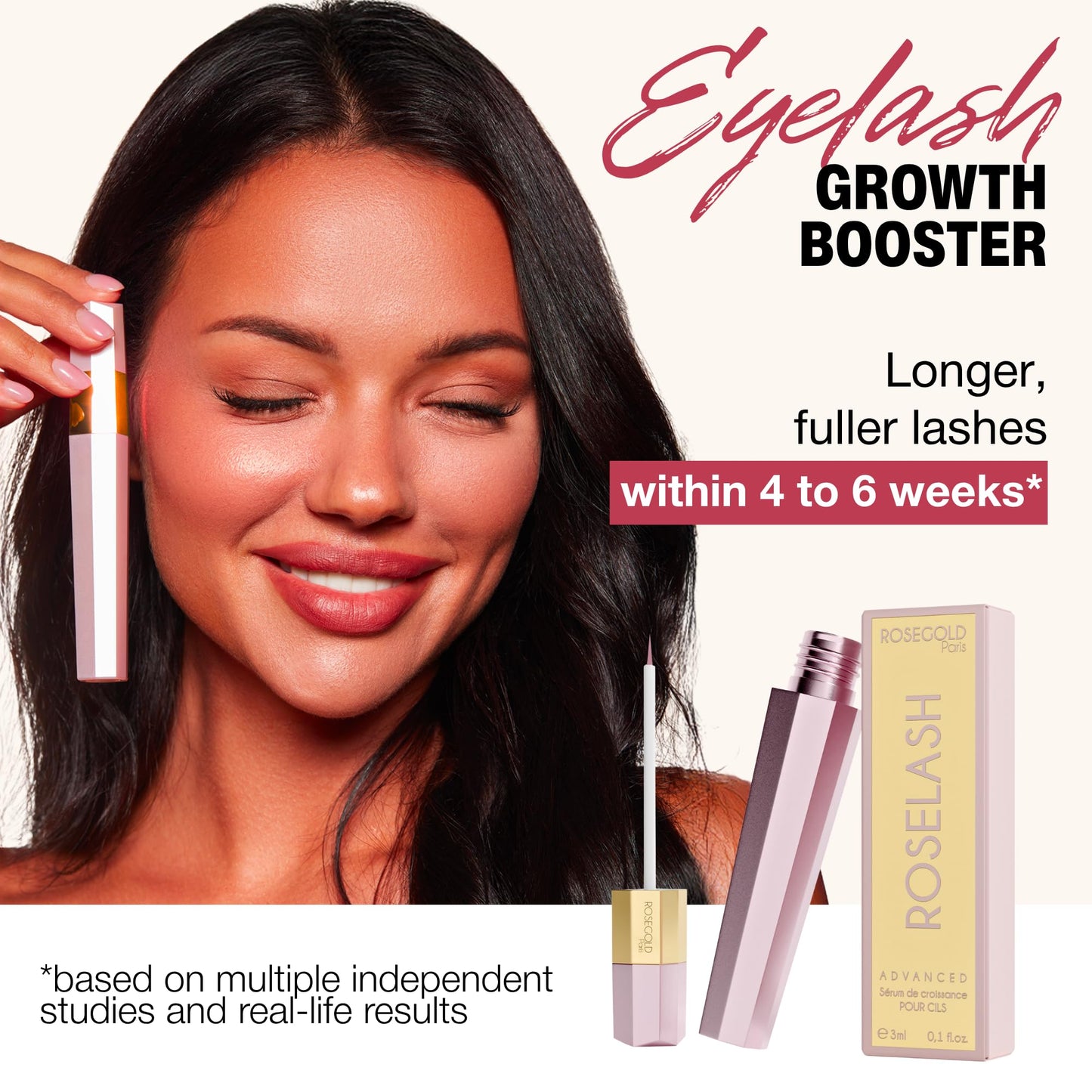 ROSEGOLD ROSELASH Advanced Eyelash Growth Serum Lash Serum Eyelash Enhancer for Fuller Longer Thicker Lashes - 95% Natural Made in France - Hormone Free Fragrance Free Vegan Cruelty Free