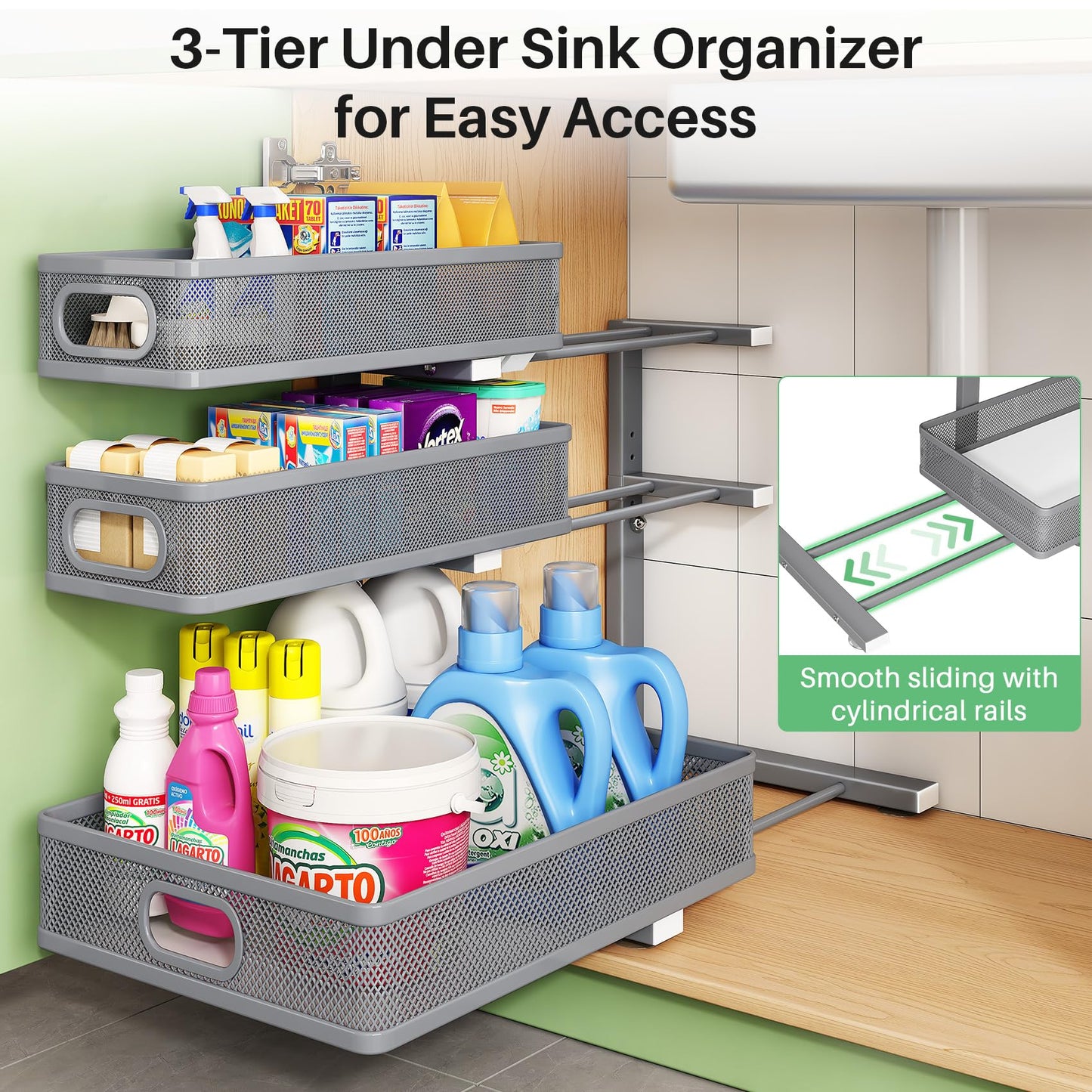 Kitstorack Under Sink Organizer, 2-Pack 3-Tier Height Adjustable Thickened Metal Pull out Cabinet Organizer Shelf, Slide out Storage Drawer Rack for Bathroom Kitchen Pantry Home Organization, Grey