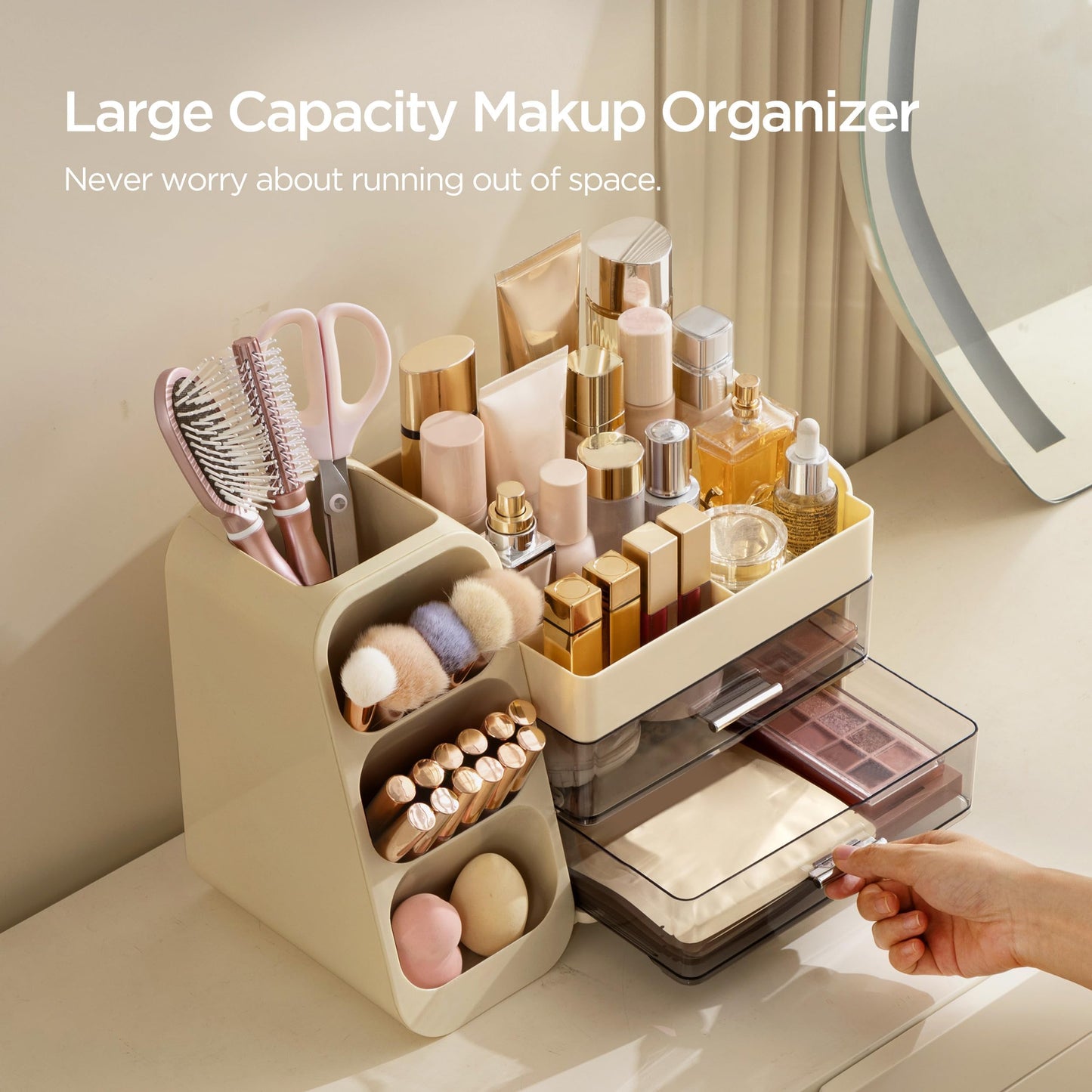 HBlife Makeup Organizer with Brush Holder for Vanity, Large Plastic Bathroom Countertop Organizer Skin Care Storage, Easy to Store Lipsticks, Nail Polishes, Perfumes, Eyeshadow Palettes, Beige