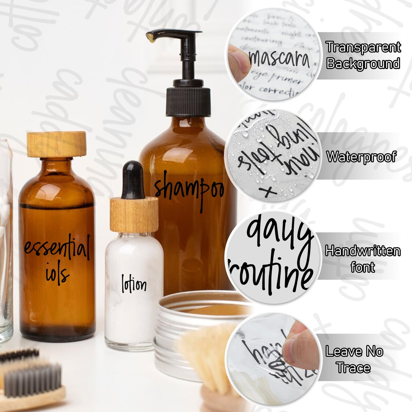 Fssqii 189 Preprinted Bathroom Labels, Waterproof Organizational Labels Stickers for Shampoo Hand Soap Makeup Bottles Storage Containers, Home/Hotel Black Script Clear Labels Set