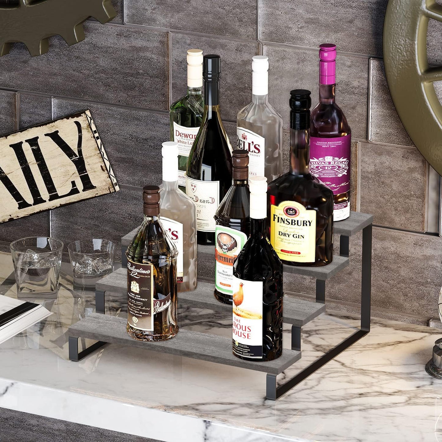 YINMIT Wooden Display Riser Stand, Tiered Perfume and Cologne Organizer Stand, 4 Tier Spice Rack Organizer, Rustic Display Shelf for Candles (4 Tier,Grey)