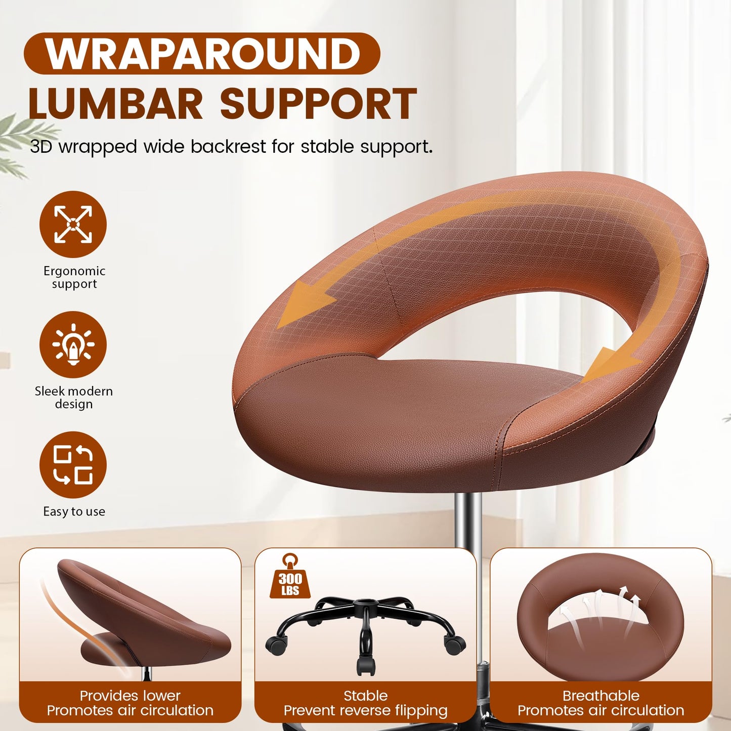Stella Mia Bar Stool with Back Support – PU Leather Drafting Chair, Adjustable Foot Rest & Rolling Wheels, Swivel Tall Stool for Kitchen Island, Salon, Vanity, Standing Desk, Brown